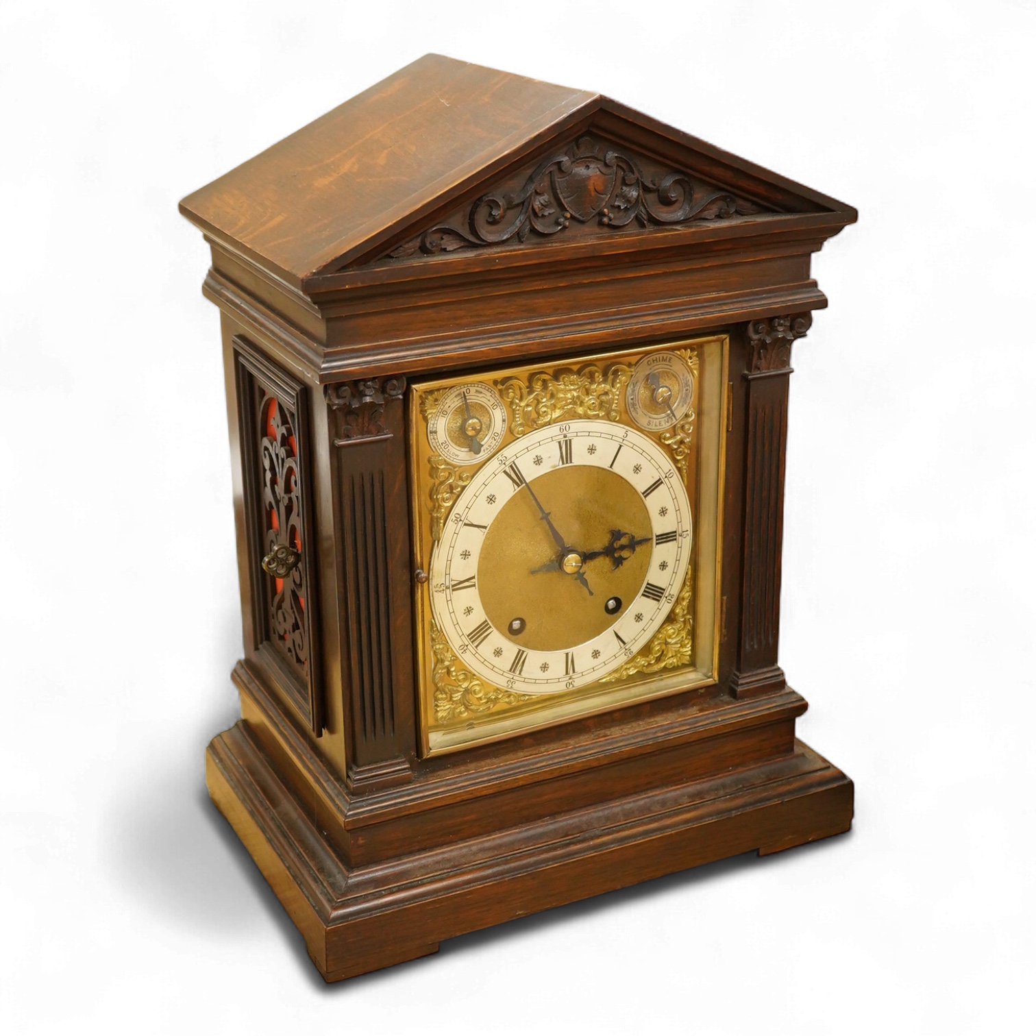 A mahogany 19th century German two train mantel clock, striking on two coiled gongs, 41cm high.